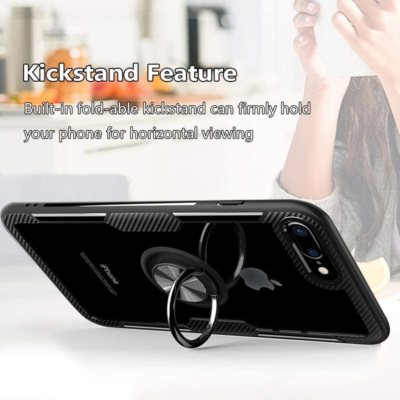 Clear Carbon Fiber Case with Ring Kickstand 360 Degree rotation for iPhone 7 Plus/8 Plus - Black