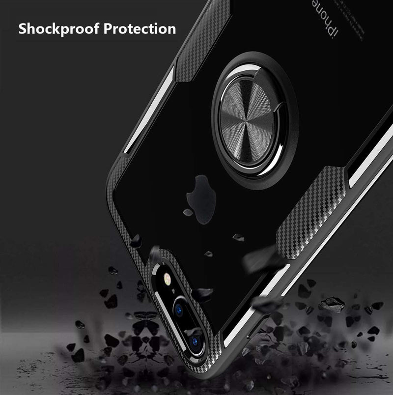 Clear Carbon Fiber Case with Ring Kickstand 360 Degree rotation for iPhone 7 Plus/8 Plus - Black