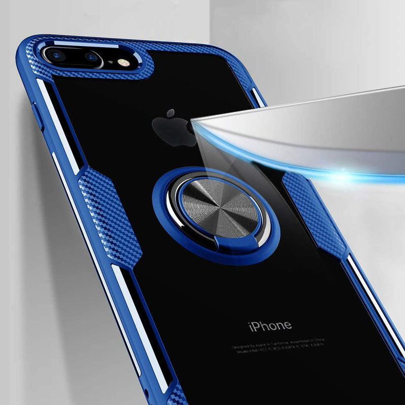 Clear Carbon Fiber Case with Ring Kickstand 360 Degree rotation for iPhone 7 Plus/8 Plus - Blue