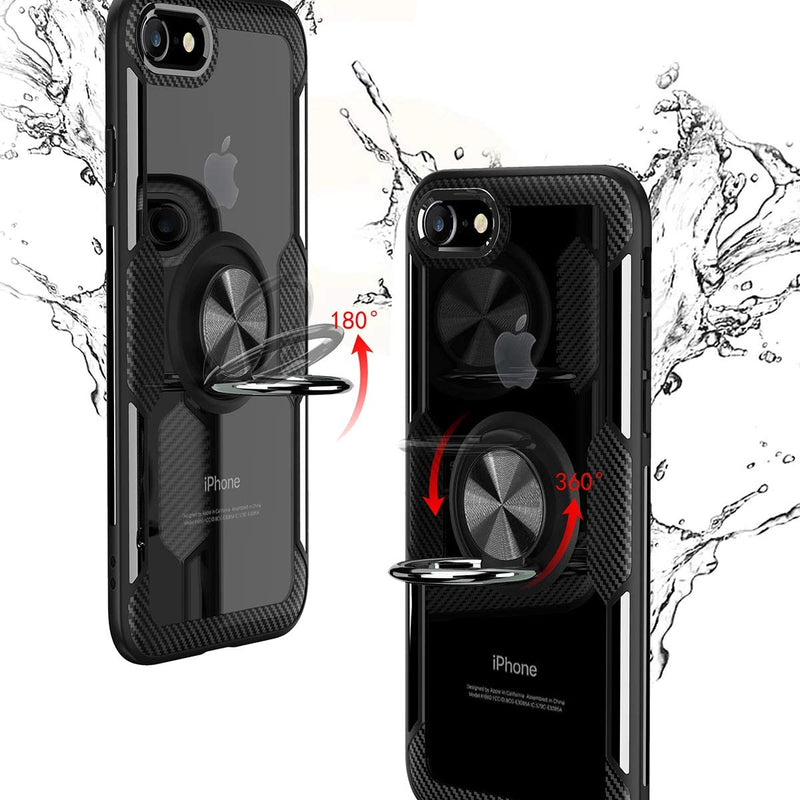 Clear Carbon Fiber Case with Ring Kickstand 360 Degree rotation for iPhone 7/8/SE 2nd Gen - Black