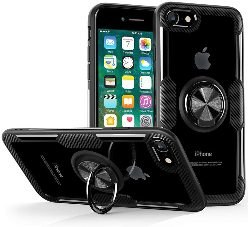 Clear Carbon Fiber Case with Ring Kickstand 360 Degree rotation for iPhone 7/8/SE 2nd Gen - Black
