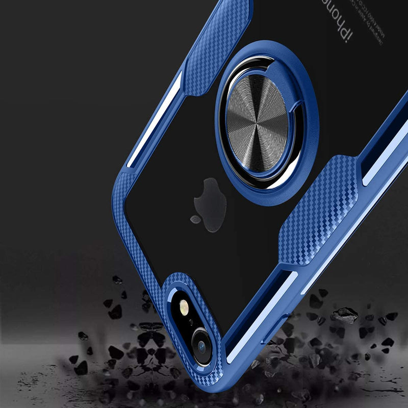 Clear Carbon Fiber Case with Ring Kickstand 360 Degree rotation for iPhone 7/8/SE 2nd Gen - Blue