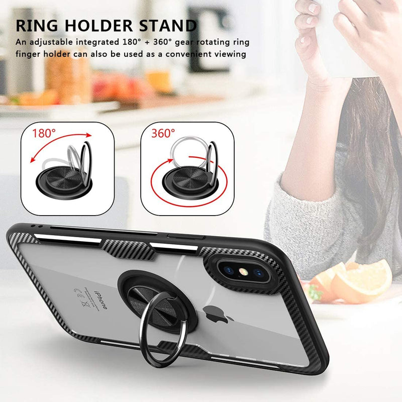 Clear Carbon Fiber Case with Ring Kickstand 360 Degree rotation for iPhone X/XS - Black