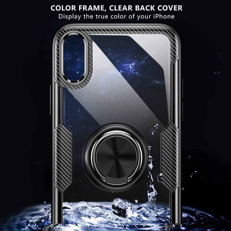 Clear Carbon Fiber Case with Ring Kickstand 360 Degree rotation for iPhone X/XS - Black