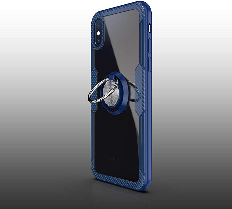 Clear Carbon Fiber Case with Ring Kickstand 360 Degree rotation for iPhone X/XS - Blue