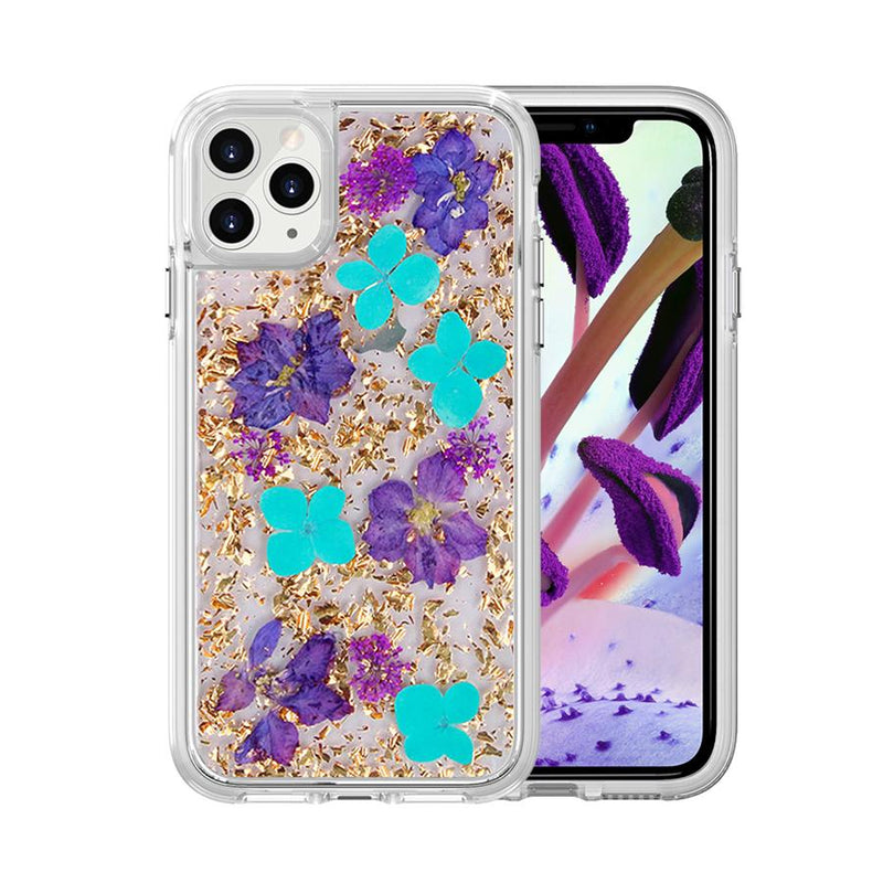 Real Dried Flower Transparent Hybrid Case For iPhone 11 Pro - Purple/Turquoise